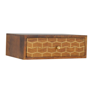 Side view of Floating Gold Pattern Bedside Table | Wall-Mounted Chestnut