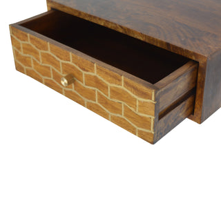 Storage view of Floating Gold Pattern Bedside Table | Wall-Mounted Chestnut