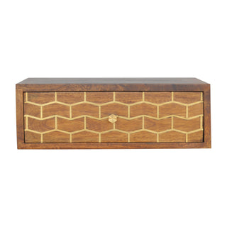 Front view of Floating Gold Pattern Bedside Table | Wall-Mounted Chestnut