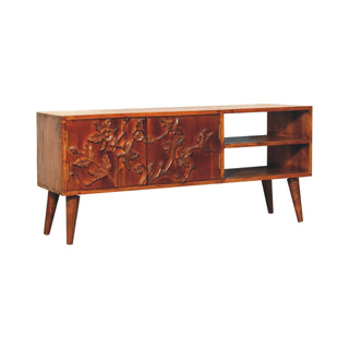 Side angle view of Flora Media Unit Chestnut Finish Floral Carved Doors Open Shelves