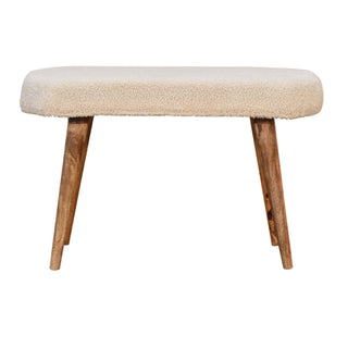 Front view of Floss Upholstered Bench Cream bouclé Smooth Oval Seat Natural Oak Nordic Splayed Legs