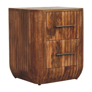 Fluted bedside side view right showing fluted drawer fronts and tapered legs