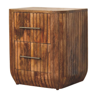 Fluted bedside side view left showing solid wood construction and tapered legs