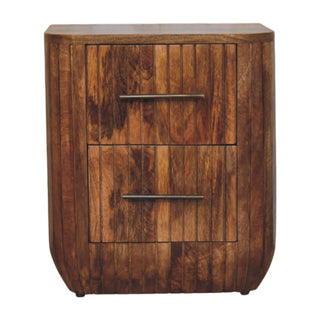 Fluted bedside with drawers front view showing fluted panel detail and solid wood finish