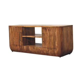 Side angle view of Fluted Media Console with Shelves, showing the storage shape and furniture finish