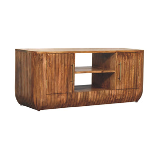 Side view of Fluted Media Console with Shelves, showing the storage shape and furniture finish