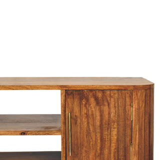 Close-up of fluted finish on Fluted Media Console with Shelves, showing the storage shape and furniture finish
