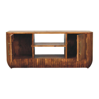 Storage view of Fluted Media Console with Shelves, showing the storage shape and furniture finish