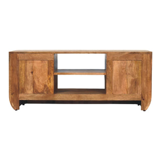 Rear angle view of Fluted Media Console with Shelves, showing the storage shape and furniture finish