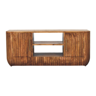 Front view of Fluted Media Console with Shelves, showing the storage shape and furniture finish