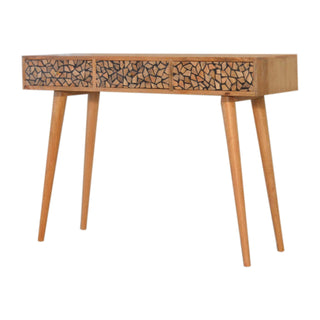 Side angle view of Folia Console Table with Drawers Hand-Carved Mosaic Oak Mango Wood