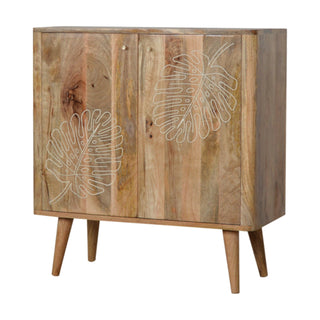 Side angle view of Folia Sideboard Cabinet White Resin Botanical Leaf Embossed Raw Oak Twin-Door