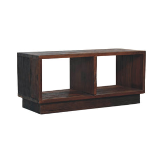 Side angle view of Forge Media Storage Unit Reclaimed Teak and Pine Dark Wood Cube Form with Plinth Base