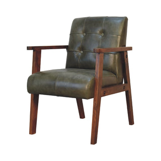 Angled view of Forrest Armchair Olive Buffalo Leather Buttoned Walnut Frame