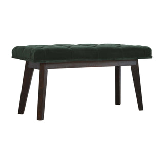 Angled view of Forrest Upholstered Bench Emerald Green Velvet Deep Button Tufted Rectangular Nordic Legs