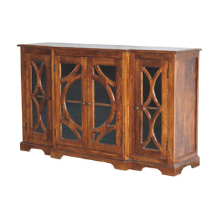 Side angle view of Foxbury Large Sideboard with Carved Arch Glazed Doors in Chestnut Finish