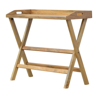 Side angle view of Foxley Writing Desk Mango Wood Folding X-Frame Legs with Butler Tray Top
