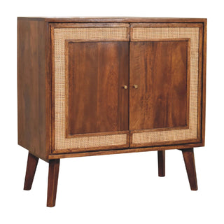 Side angle view of Fresco Sideboard Cabinet Rattan Border Framed Sliding Doors Chestnut Twin-Door