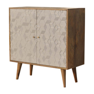Side angle view of Frost Display Cabinet White 3D Geometric Cube Relief Twin-Door Natural Oak Frame