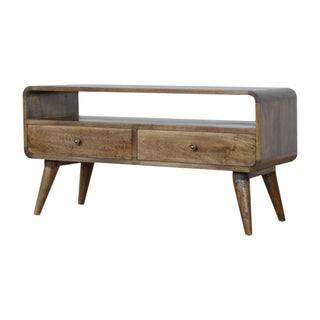 Side angle view of Frost Media Unit Grey-Washed Mango Wood Reverse-Curve Body Twin Drawers with Scandinavian Legs