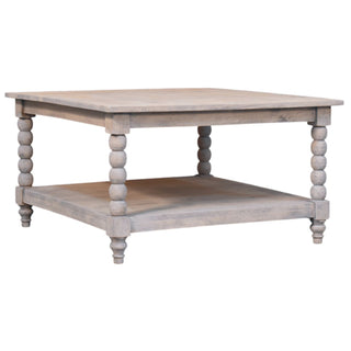 Side angle view of Frost Square Coffee Table Solid Mango Wood Bobbin Legs Lower Shelf Acid Wash