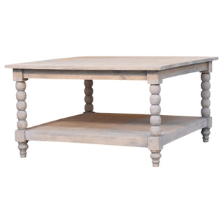 Front view of Frost Square Coffee Table Solid Mango Wood Bobbin Legs Lower Shelf Acid Wash