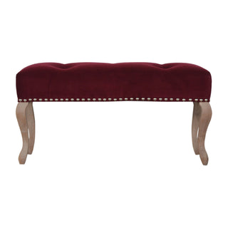 Front view of Garnet Bedroom Bench Wine Red Velvet Button Tufted Scalloped Edge Antique Studs French Cabriole
