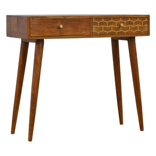 Side angle view of Gilda Console Table with Drawers Gold Brass Honeycomb Chestnut Wood