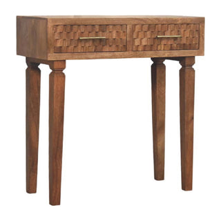 Side angle view of Gilded Console Table with Drawers Golden Teak Carved Cube Turned Legs