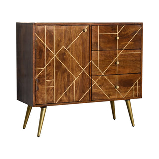 Side angle view of Gilded Sideboard Cabinet with Gold Diamond Inlay Doors and Brass Tapered Legs