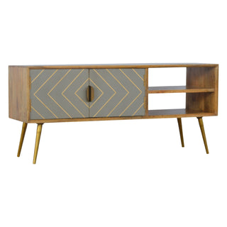 Side angle view of Gilden Media Unit Oak and Grey Cement Door Fronts with Golden Brass Inlay and Gold Nordic Feet
