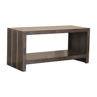 Side angle view of Gilt Coffee Table Solid Mango Wood Gold Stripe Inlay Open Shelf Dark Charcoal