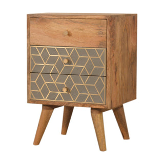 Side angle view of Gold Dice Pattern Bedside Table | 3 Drawer Oak-ish, showing the storage front, hardware and finish