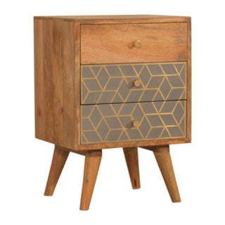 Side view of Gold Dice Pattern Bedside Table | 3 Drawer Oak-ish, showing the storage front, hardware and finish