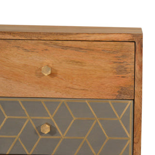 Close-up of drawer front on Gold Dice Pattern Bedside Table | 3 Drawer Oak-ish