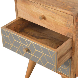 Finish detail view of Gold Dice Pattern Bedside Table | 3 Drawer Oak-ish