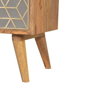 Storage view of Gold Dice Pattern Bedside Table | 3 Drawer Oak-ish, showing the storage front, hardware and finish