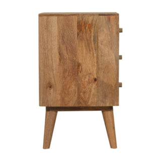 Top view of Gold Dice Pattern Bedside Table | 3 Drawer Oak-ish, showing the storage front, hardware and finish