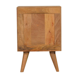 Back view of Gold Dice Pattern Bedside Table | 3 Drawer Oak-ish, showing the storage front, hardware and finish