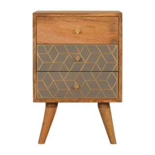 Front view of Gold Dice Pattern Bedside Table | 3 Drawer Oak-ish, showing the storage front, hardware and finish