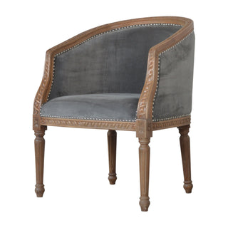 Angled view of Grafton Accent Chair Grey Velvet Studded Open Frame Turned Leg