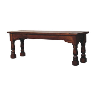 Side angle view of Granary Dining Bench Solid Mango Wood Thick Plank Seat Hand-Turned Column Legs Dark Chestnut