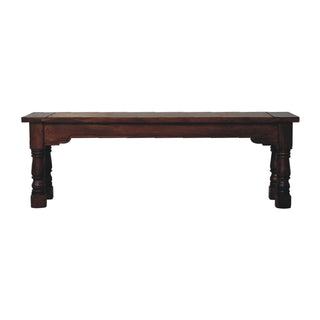 Front view of Granary Dining Bench Solid Mango Wood Thick Plank Seat Hand-Turned Column Legs Dark Chestnut