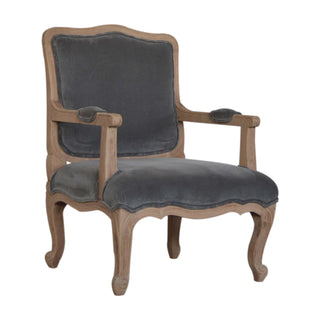 Angled view of Grayson Armchair Grey Velvet French Style Carved Cabriole