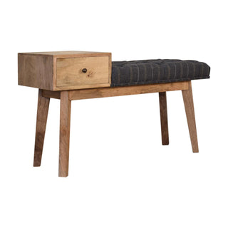 Angled view of Greyson Hallway Bench Pewter Tweed Button Tufted Single Drawer Brass Knob Oak Legs