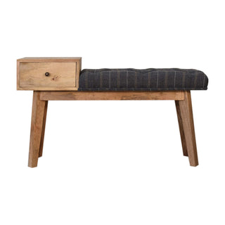 Front view of Greyson Hallway Bench Pewter Tweed Button Tufted Single Drawer Brass Knob Oak Legs