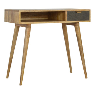 Side angle view of Greyson Writing Desk Solid Wood Grey Tweed Drawer with Gold Bar Handle