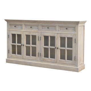Side angle view of Greywell Large Sideboard with Four Glazed Doors and Drawers in Stone Wash Finish