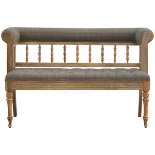 Front view of Hadley Hallway Bench Multi Tweed Button Tufted Low Spindle Back Brass Castors Antique Studs