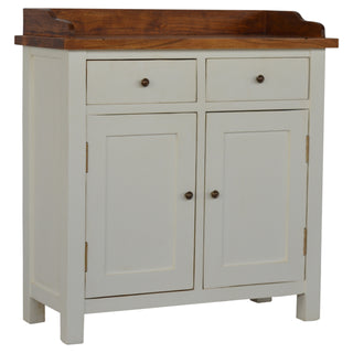 Side angle view of Hadley Kitchen Cabinet White Painted Shaker Doors Acacia Honey Top Farmhouse